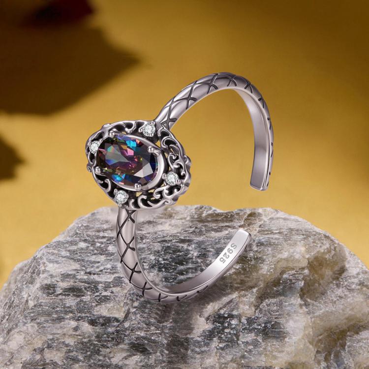 S925 Sterling Silver Adjustable Open Ring with Large Center Stone and Vintage Pattern, SCR1217-E