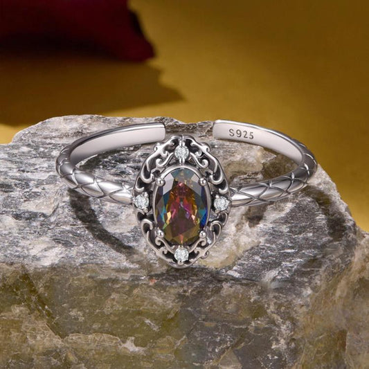 S925 Sterling Silver Adjustable Open Ring with Large Center Stone and Vintage Pattern, SCR1217-E