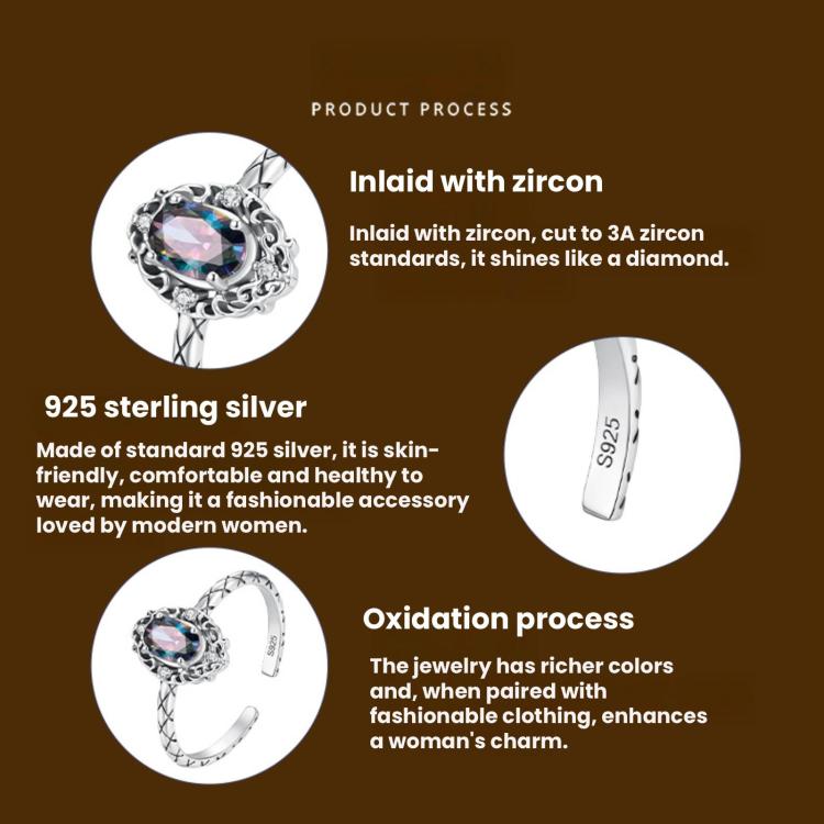S925 Sterling Silver Adjustable Open Ring with Large Center Stone and Vintage Pattern, SCR1217-E