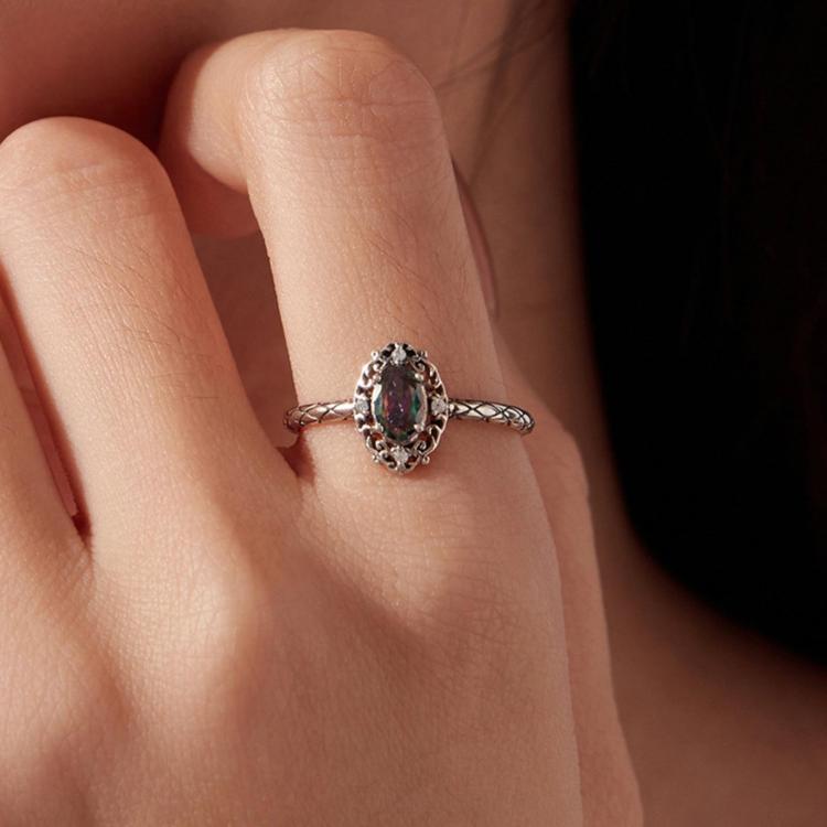 S925 Sterling Silver Adjustable Open Ring with Large Center Stone and Vintage Pattern, SCR1217-E