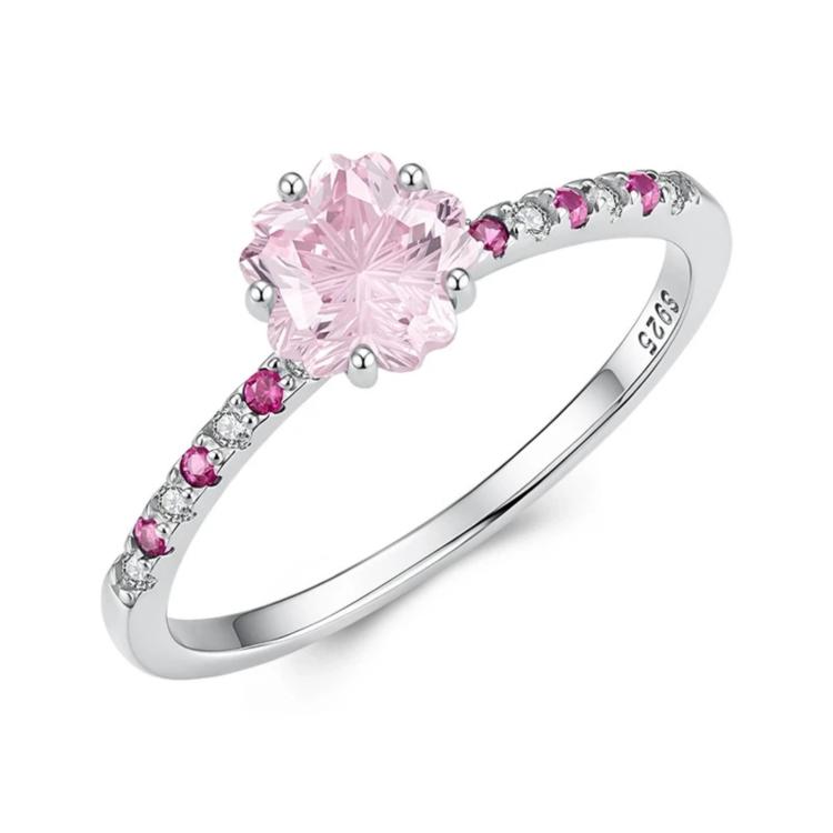 Pink cherry blossom centerpiece ring with sparkling zircon accents along the band