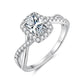 Sterling silver moissanite ring with cushion-cut center stone, halo, and split shank
