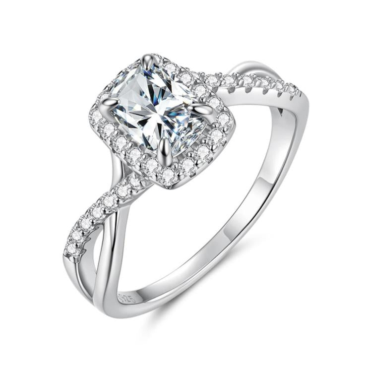 S925 sterling silver ring with cushion-cut moissanite halo and pavé band