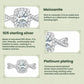 Feature infographic for moissanite ring: 925 sterling silver and platinum plating