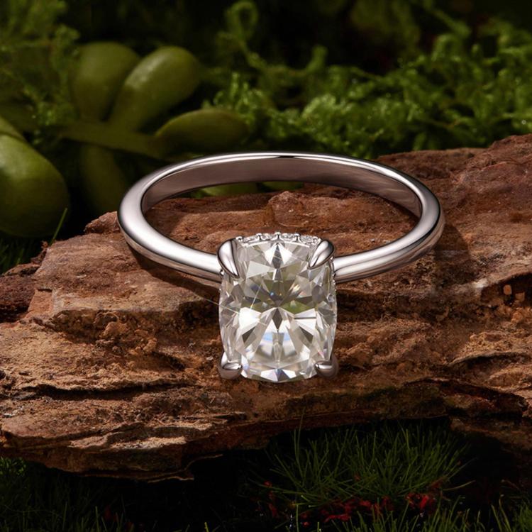 Sterling silver solitaire ring with large square moissanite center stone, four prongs