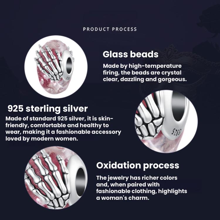 Pink glitter glass bead charm with silver skeleton-hand design on dark infographic layout