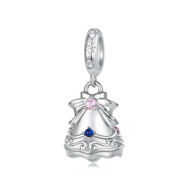 Sterling silver Christmas charm bead with pink center stone and blue accents