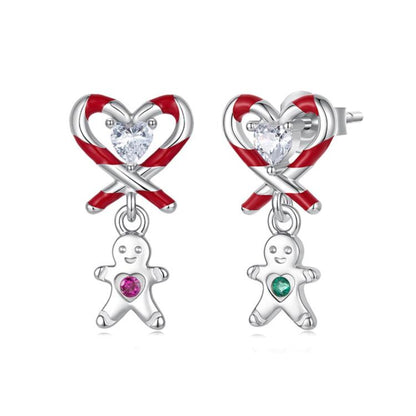 Sterling silver stud earrings with candy-cane heart and dangling gingerbread charm