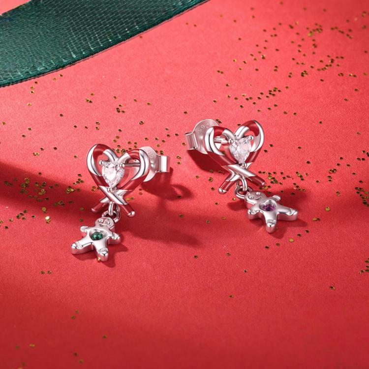 Sterling silver earrings with candy-cane heart studs and dangling gingerbread charms