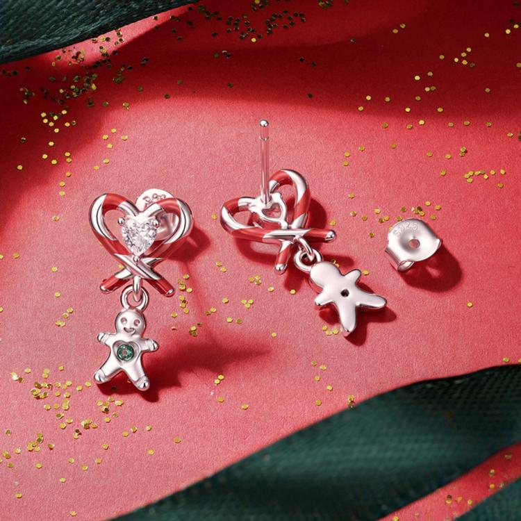 Sterling silver candy-cane heart earrings with gingerbread dangle and colored candy
