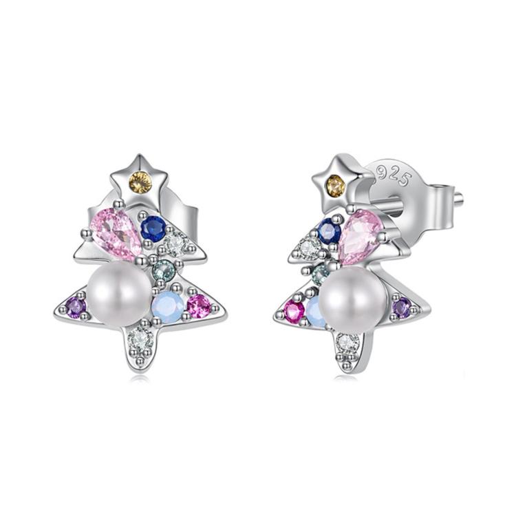 Silver stud earrings shaped like a Christmas tree with star, pearl, and blue/pink gems