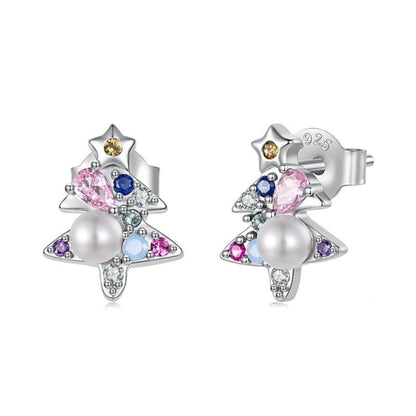 Silver stud earrings shaped like a Christmas tree with star, pearl, and blue/pink gems