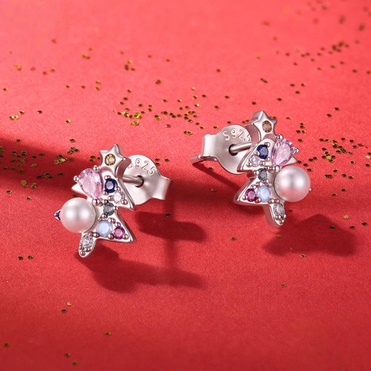 Sterling silver Christmas tree stud earrings with multi-color gems and pearl centerpiece