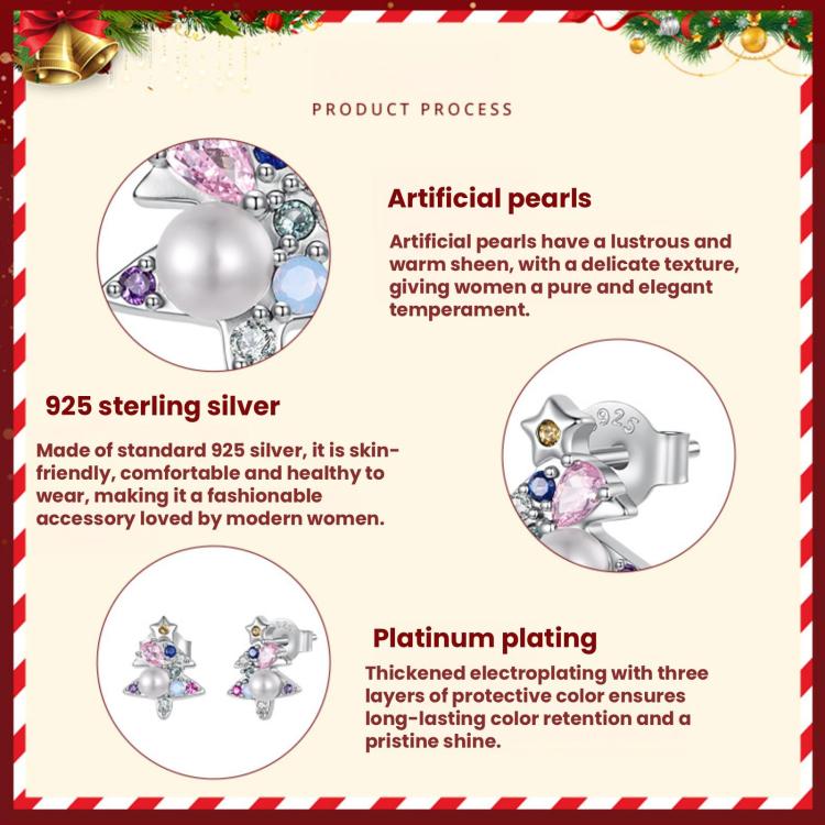 Sterling silver earring materials and plating infographic with Christmas tree stud detail