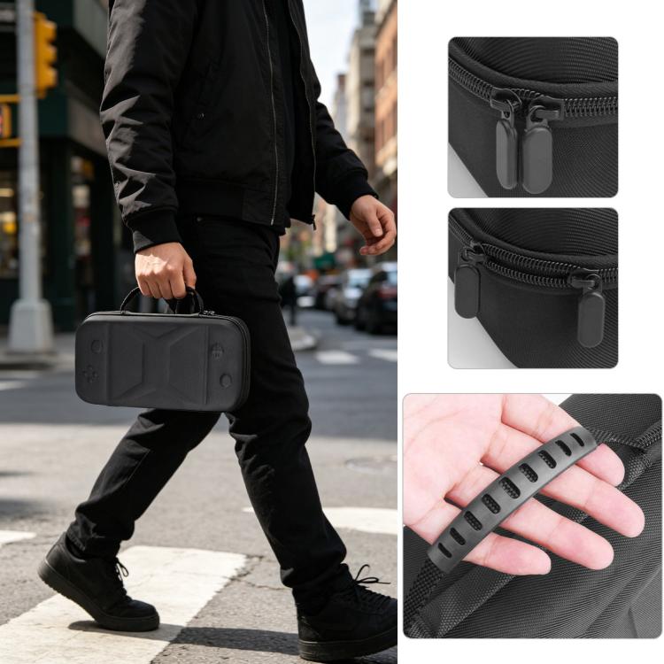 Black hard EVA carry case with zipper and strap, being carried outdoors