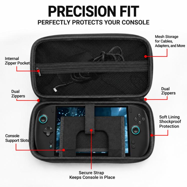 Black EVA case interior with pockets, dual zippers, soft lining, console support slots