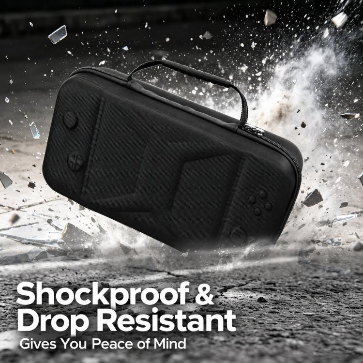 Black hard EVA case with handle, textured finish, shockproof design with debris shown