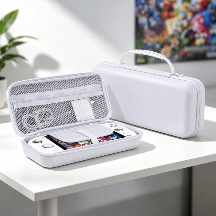 White hard EVA zippered travel case with mesh pocket and molded interior foam insert