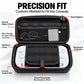 Black hard EVA travel case open to show dual zippers, mesh pocket, and soft lining