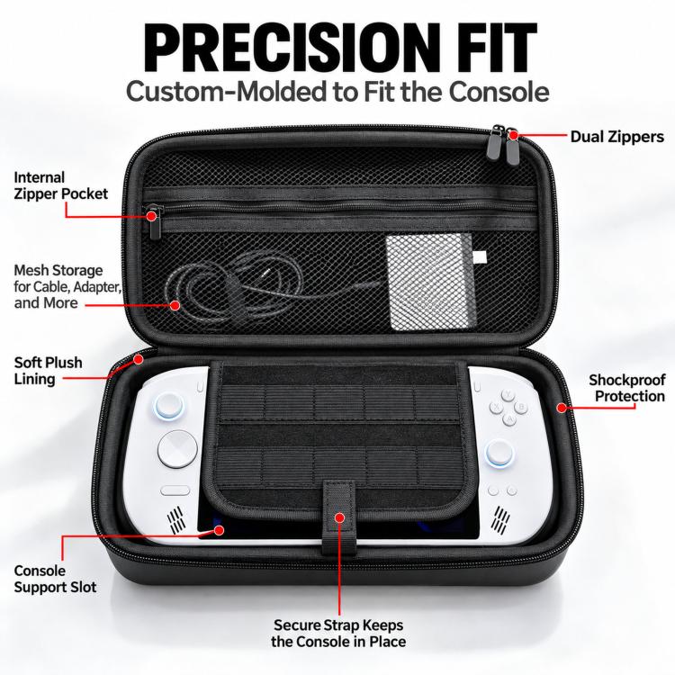 Black hard EVA travel case open to show dual zippers, mesh pocket, and soft lining