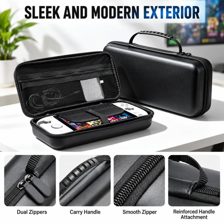 Black hard EVA zippered travel case with front mesh pocket and molded top handle