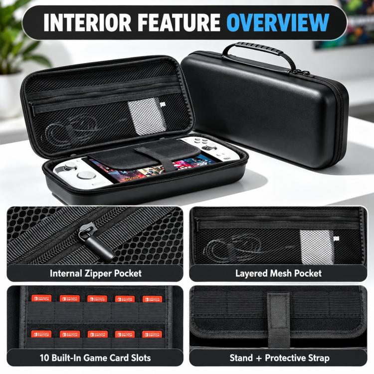 Black hard EVA case interior showing mesh pocket, zipper pocket, and card storage slots
