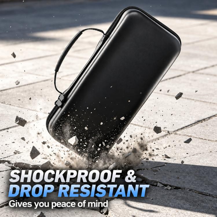 Black hard EVA case angled on concrete with drop-resistant protective shell