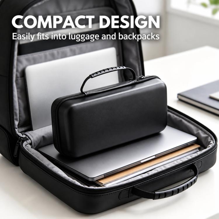 Black hard EVA travel case with top handle holding a laptop in the interior
