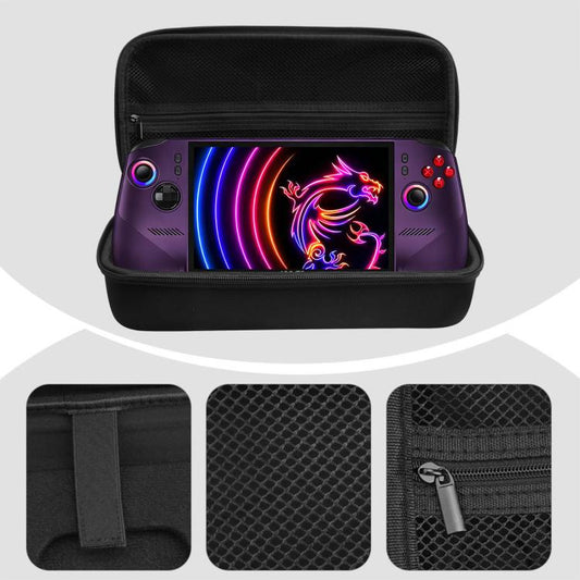 Black hard EVA case with open lid, front zipper pocket, and textured interior panels