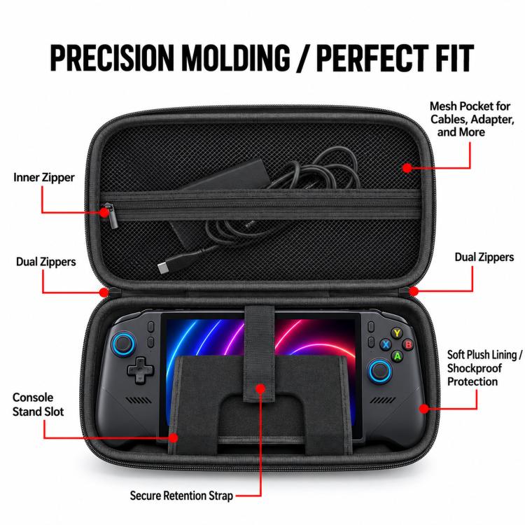 Hard EVA case interior with mesh cable pocket, dual zippers, and secure retention strap