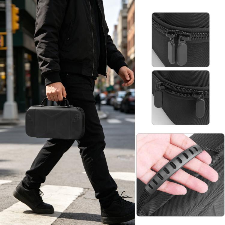 Black hard EVA carrying case worn on the go; close-up shows zipper and grip strap