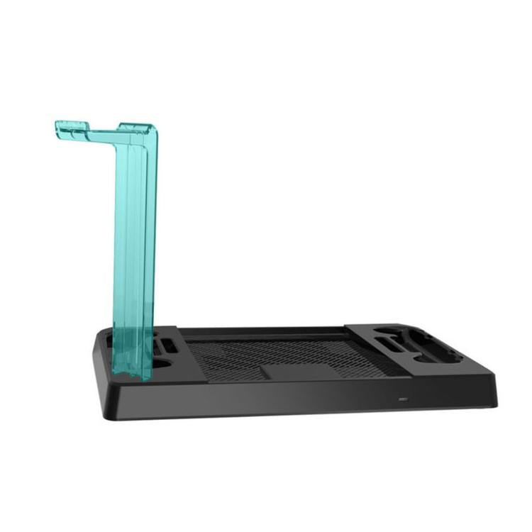 Cooling and charging stand base with controller dock and upright transparent support, RGB