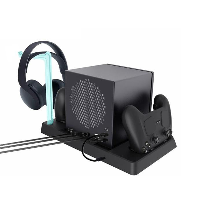 Gaming headphone stand with cooling box and controller docking cradle, RGB accents