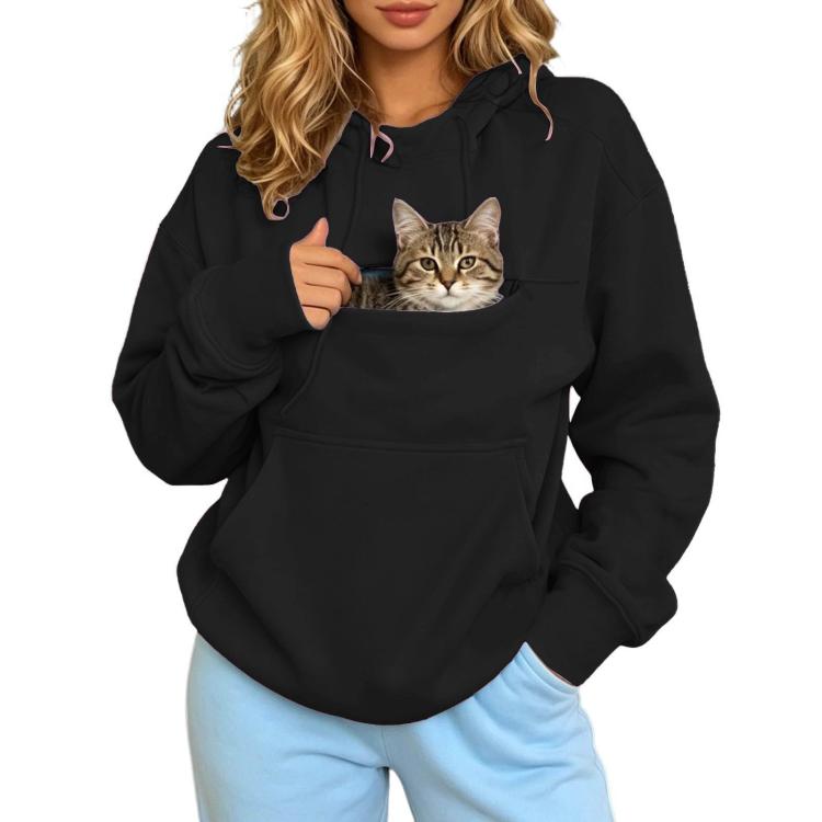 Black pet-carrying hoodie with front pouch showing a cat and kangaroo pocket