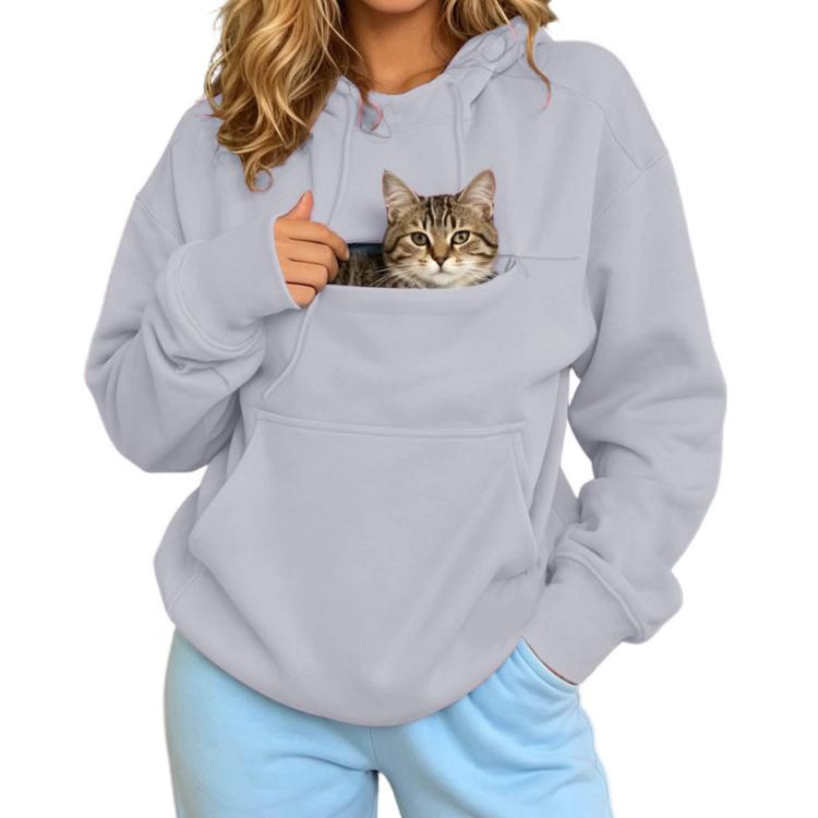 Light gray pet-carrying long-sleeve hoodie with hood pouch and large front pocket
