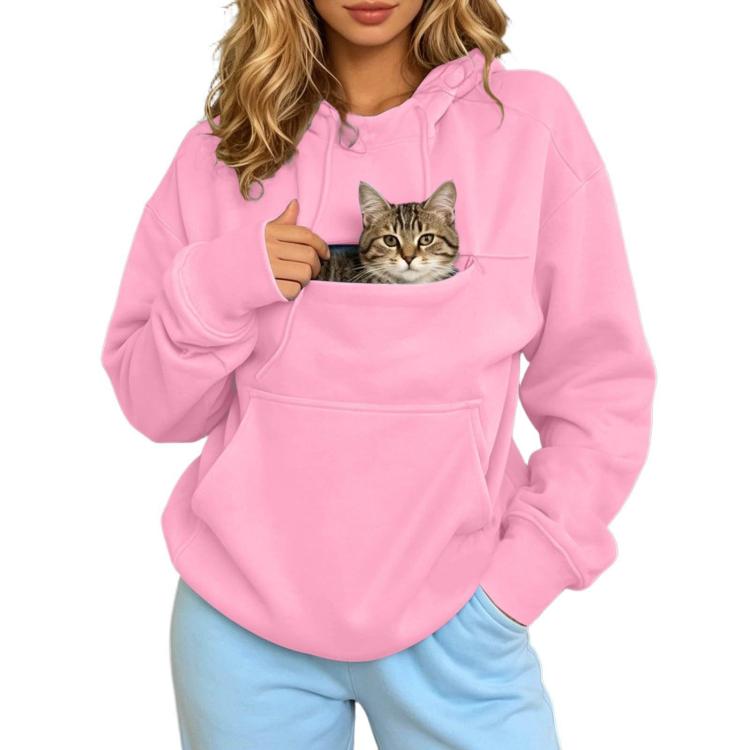 Pink pet-carrying hoodie with fleece lining, kangaroo pocket, and drawstring hood