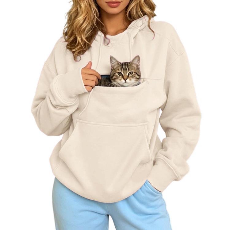Cream pet-carrying hoodie with fleece lining, kangaroo pocket, and drawstring hood