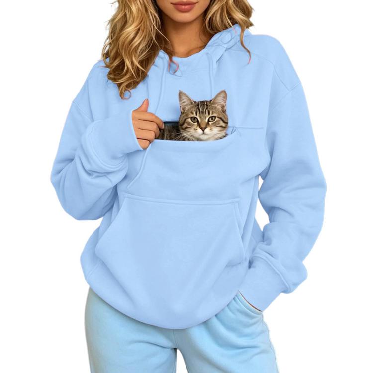 Light blue fleece-lined pet hoodie with front cat pouch and kangaroo pocket, long sleeves