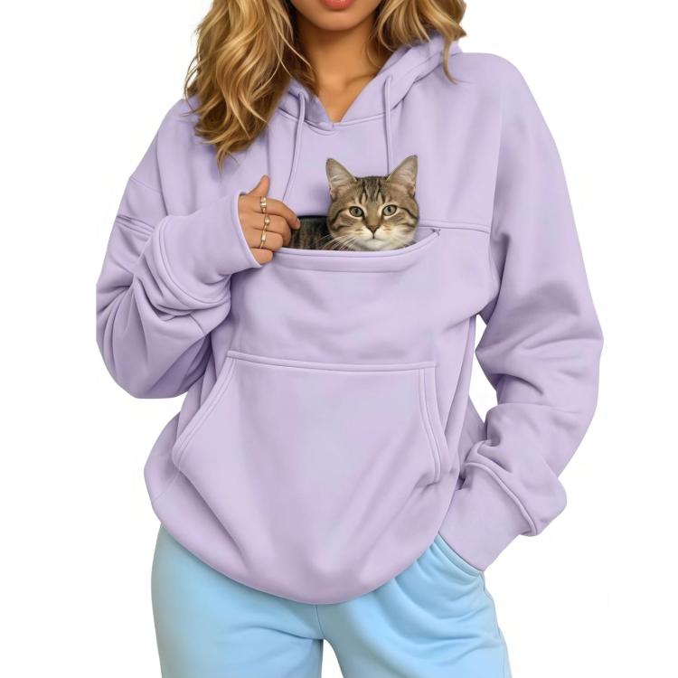 Lavender pet-carrying hoodie with large front pouch pocket and adjustable drawstring hood