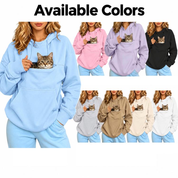 Pet-carrying hoodies in multiple colors, each with large front pouch pocket and hood