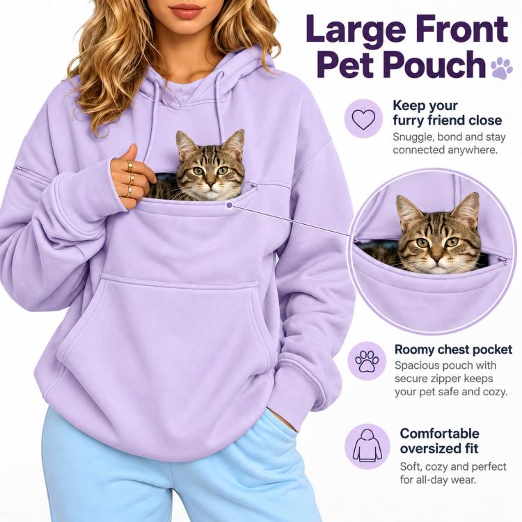 Lavender pet-carrying hoodie with large front pouch pocket and oversized front fit