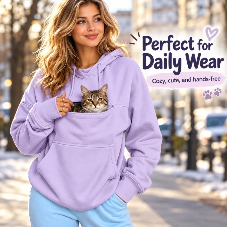 Lavender pet-carrying hoodie with front pouch pocket and adjustable drawstring hood