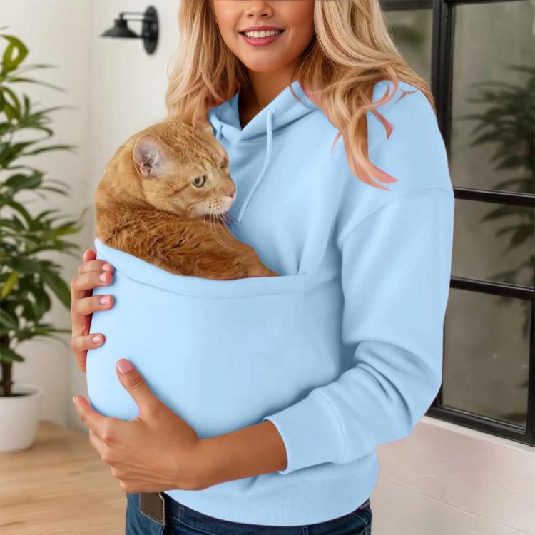 Fleece-lined hooded sweatshirt with pet pocket, light blue, front pouch holding cat