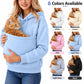 Light blue hooded fleece-lined sweatshirt with large front pet-carry pocket and drawstrings