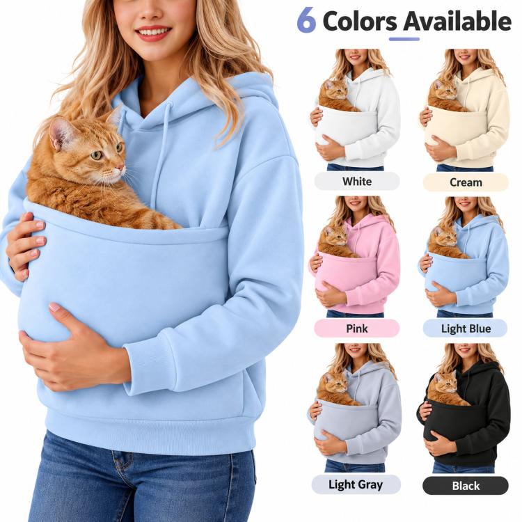 Light blue hooded fleece-lined sweatshirt with large front pet-carry pocket and drawstrings