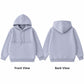 Light gray hooded sweatshirt, front and back views, with adjustable drawstring hood