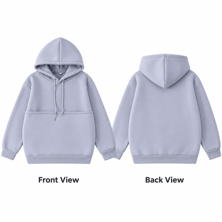 Light gray hooded sweatshirt, front and back views, with adjustable drawstring hood