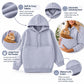 Light gray hooded sweatshirt with kangaroo pet pocket, ribbed cuffs, and hem