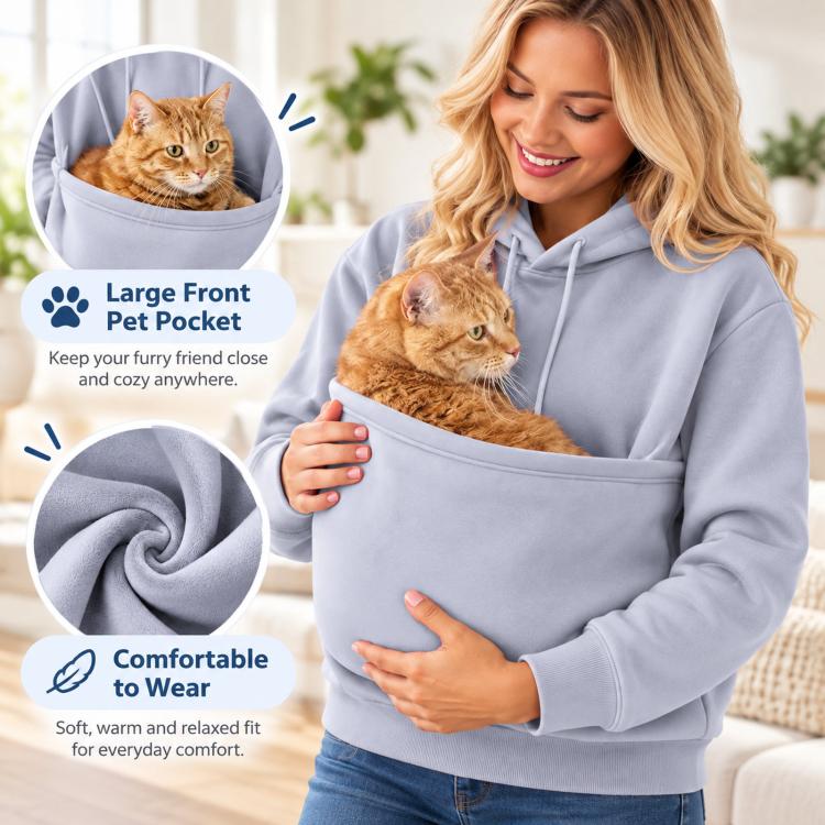 Light gray hooded fleece sweatshirt with large front pet pocket holding a cat