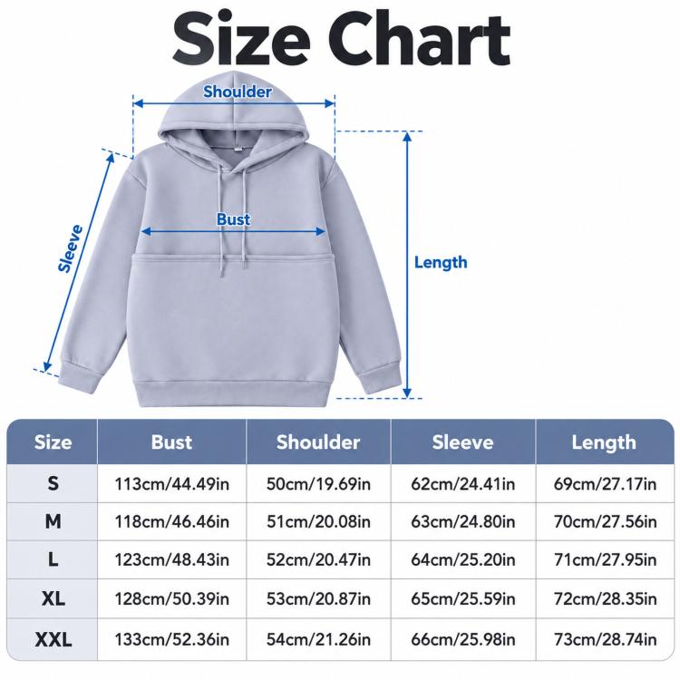 Size chart for hooded fleece sweatshirt with measurements for S to XXL
